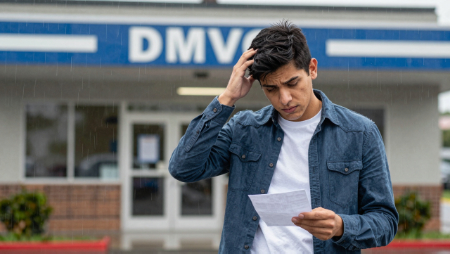 young hispanic male stares at sr22 in front of dmv